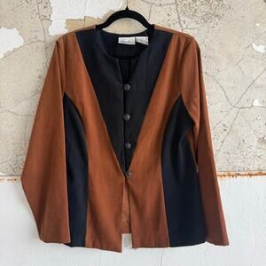 Vtg 90s Blazer Faux Suede Colorblock Jacket Brown Black Women 10 Chic Minimalist